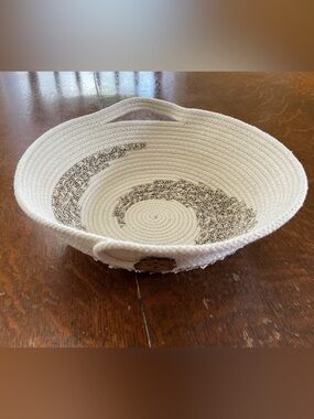 Handmade Coiled Cotton Rope & Fabric Wrapped Decorative Basket with Handles